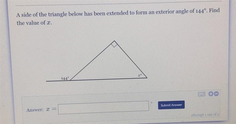 The side of a triangle blowers extended a form and exterior angle of 144 degrees. find-example-1