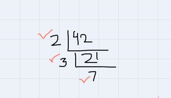 Find the prime factorization of 42.Use the multiplication sign, ×, instead of the-example-1