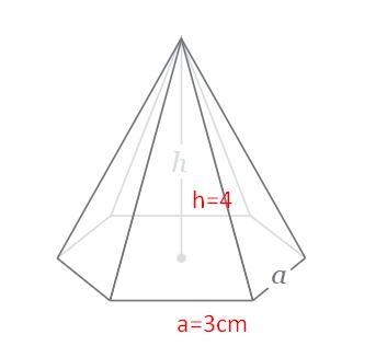 2. They have a regular pyramid with a regularhexagonal base measuring 3 cm and a height-example-1