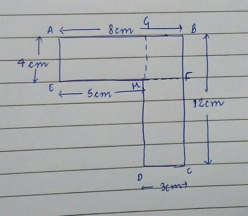 The shape below is made of two rectangles joined together. 8 cm 4 cm 5 cm 12 cm T-example-1