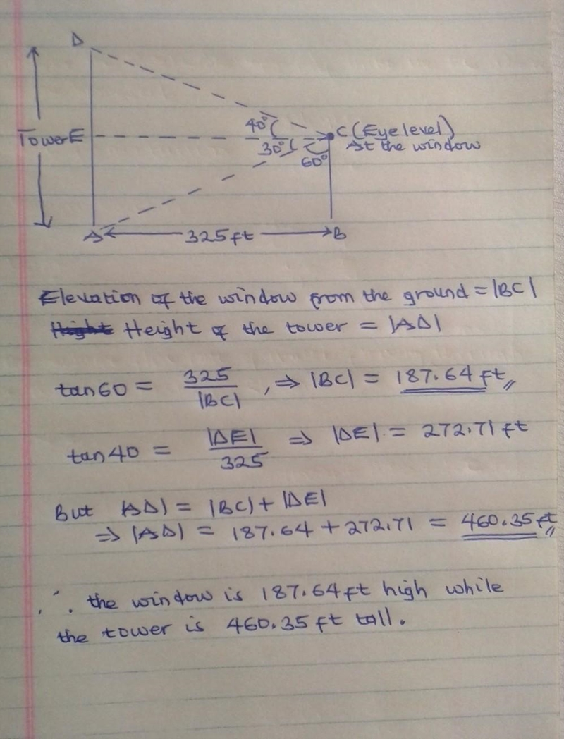 A tower is located 325 ft from a building. From a window in the building, an observer-example-1