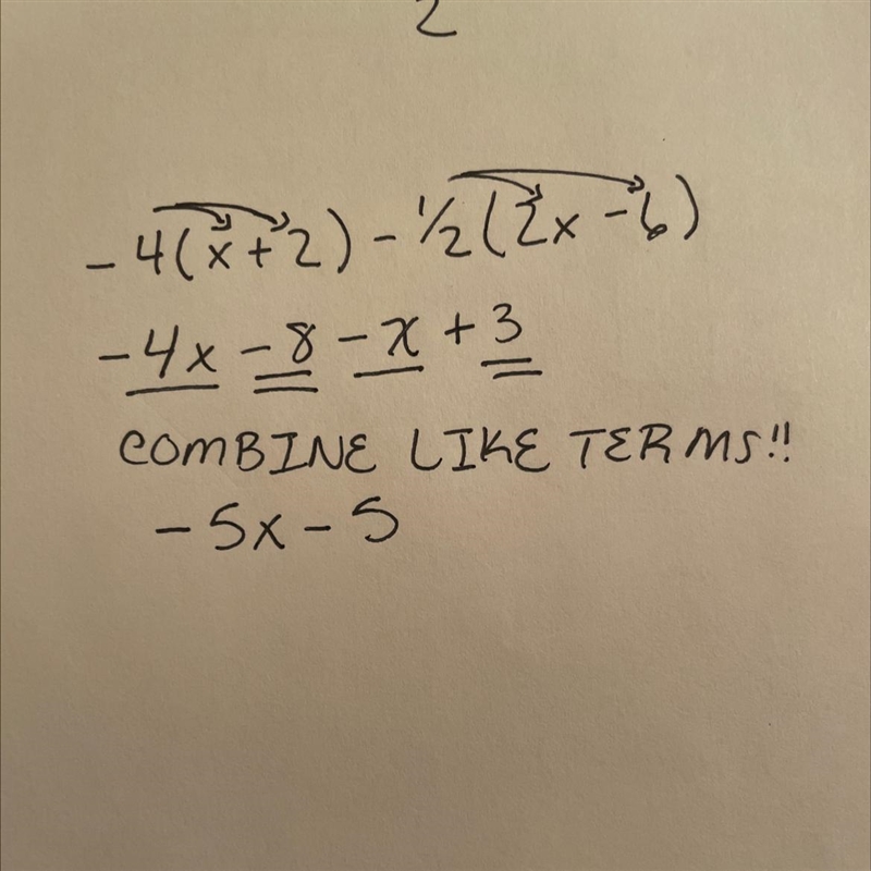 Which expression is equivalent to – 4(x + 2) -1/2(2x – 6) ? A -5x - 4 B -5x - 5 C-example-1