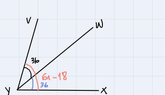 Given Z VYX is bisected by YW, mZ VYX =(6r-18), and m2 VYW = 36. What is the value-example-1