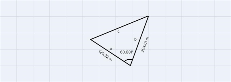 A triangular field has sides of 120.32 m and 204.61 m, and the angle between them-example-1