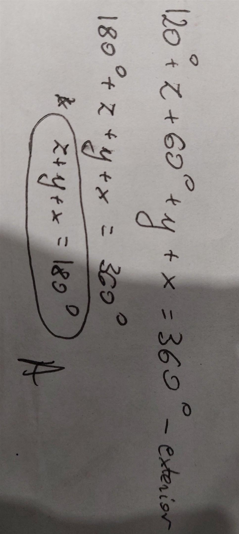 3. The diagram shows a pentagon. Find the value of x+y+z. A 180° B 240° C 360° D 540°-example-1