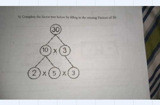 B) Complete the factor tree below by filling in the missing Factors of 30: 30 3 2-example-1