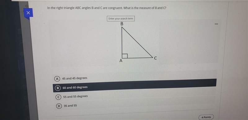 In the right triangle ABC angles B and C are congruent. What is the measure of B and-example-1