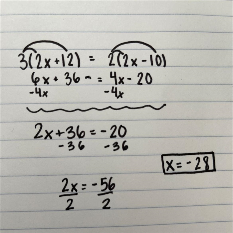 Solve the following linear equation: 3(2x + 12) = 2(2x - 10)-example-1