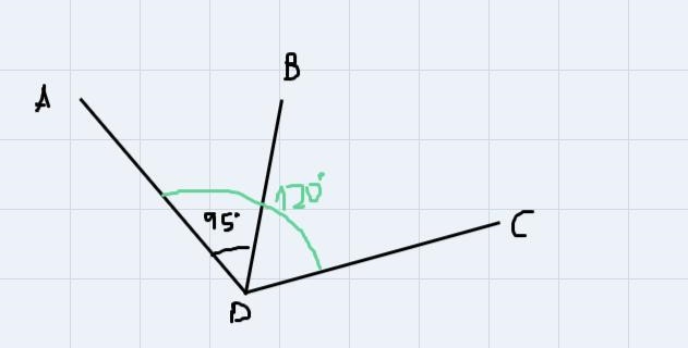 Angle ADC measures 120 degrees, and angle ADB measures 95 degrees. What is the measure-example-1