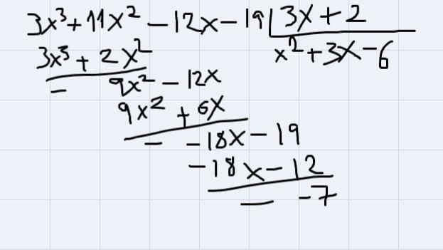 Use the long division method to find the result when 3x³ + 11x² - 12x - 19 isdivided-example-1