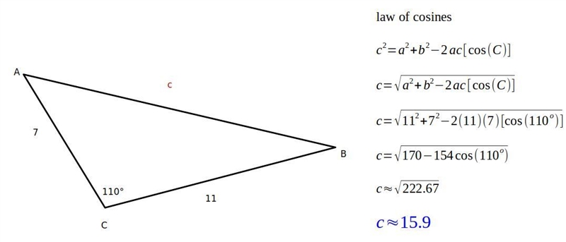 Find the side length c. Rounded the nearest 10th. C= 110° A= 11 B= 7 C=?-example-1