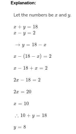 The sum of two numbers is 18. The difference of the two numbers is -2. Find the numbers-example-1