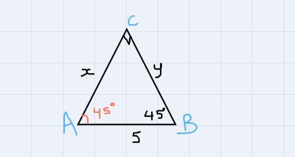 Solve for the missing side lengths.45°5A. O57057666, yB.O57224,357245,122 -2, y522D-example-1