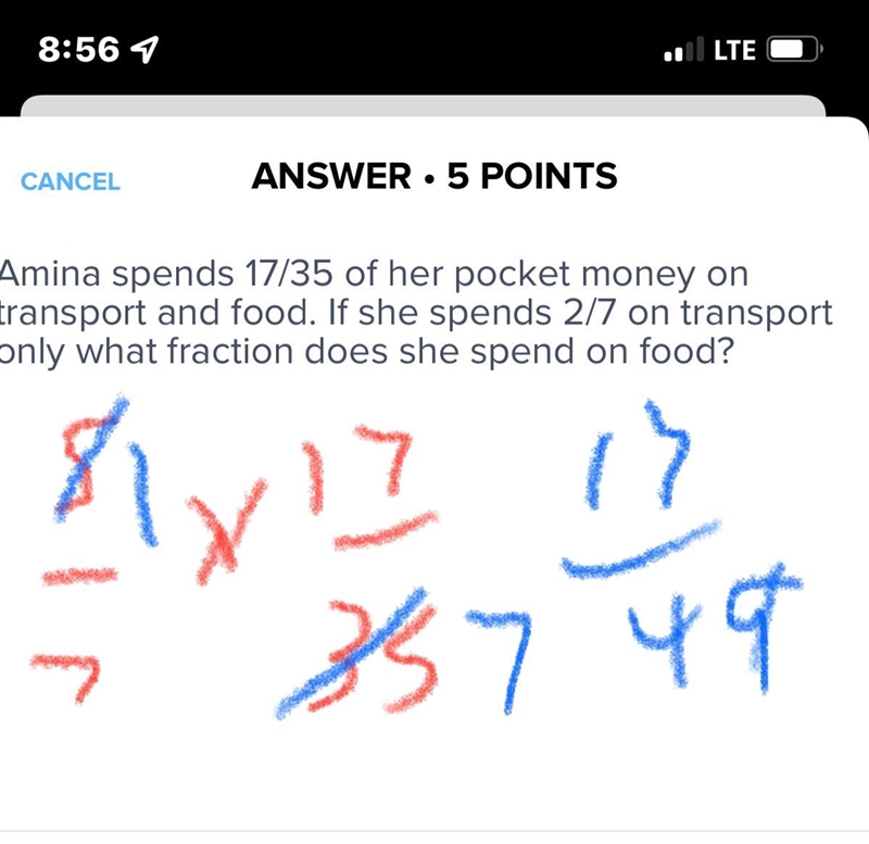 Amina spends 17/35 of her pocket money on transport and food. If she spends 2/7 on-example-1