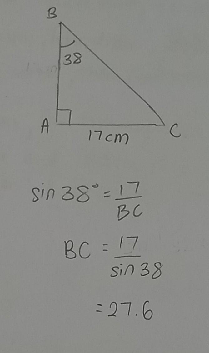 In a right triangle, A = 90 degrees, with side AC = 17 and angle B = 38 degrees, find-example-1