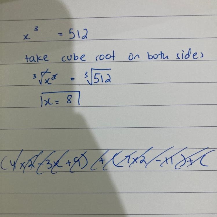 Solve the equation for x. x³ = 512 The solution of the equation is x =-example-1