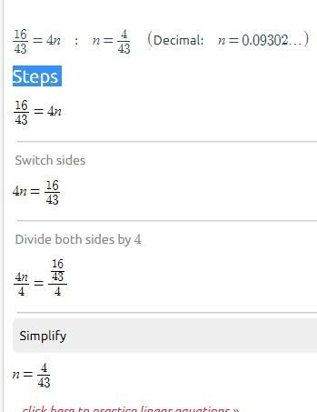 What is the value of n in the numerical sentence below 16/43=4n-example-1