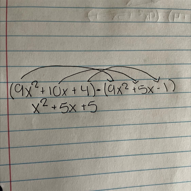 What is the simplified form of this expression? (9x² + 10x + 4) - (9x² + 5x - 1)​-example-1