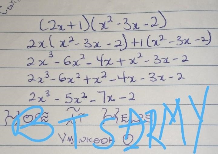 100 POINTS multiply: (2x+1)(x^2-3x-2)-example-1