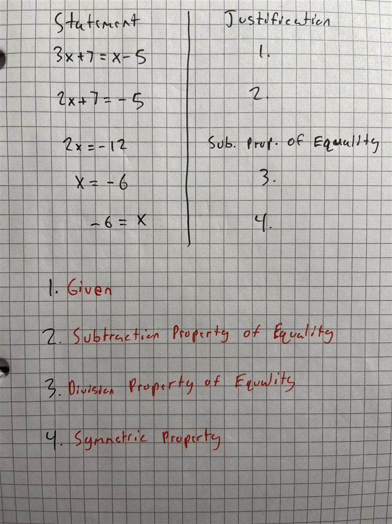 Complete the two-column proof. Given: 3x+7=X-5 Prove: -6 = X​-example-1