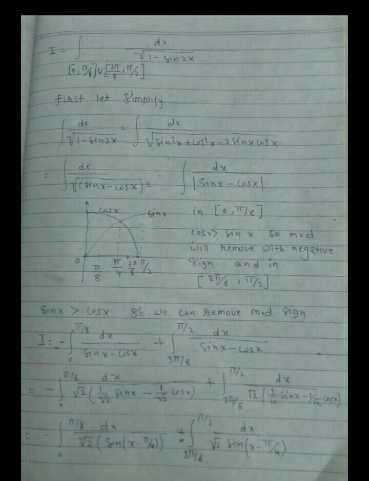 \footnotesize \displaystyle \bold {\int_{[0, (\pi)/(8) ] \cup[ (3 \pi)/(8), (\pi)/(2)]} \: (dx-example-1