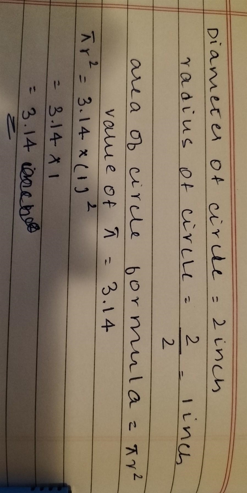 The diameter of a circle is 2 inches. What is the circle's area? d=2 in-example-1