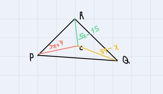 C is the circumcenter of APQR.PC=3x+7, RC=5x-15, & QC=51-Xogx=[? ]-example-1