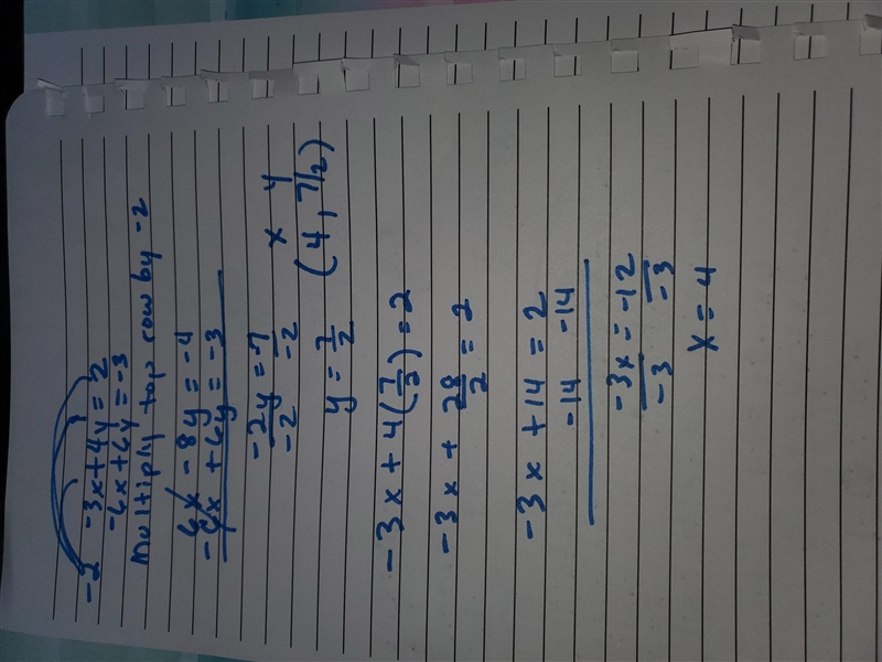 -3x+4y=2 & -6x+6y=-3 solve by elimination-example-1