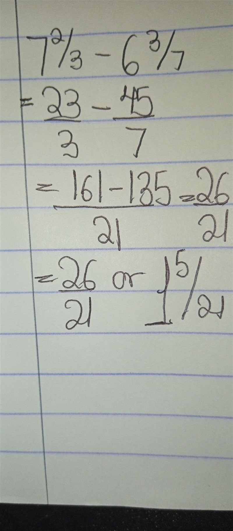 Find the difference of 7 2/3 and 6 3/7-example-1