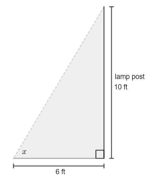 A 6 foot shadow is cast by a 10 foot lamp post. What is the angle of elevation of-example-1