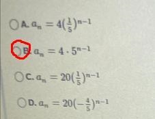 Find the formula for the geometric sequence 4, 20, 100, 500,...OA. = 4()-1OB.a, 4.5-1Oc-example-1