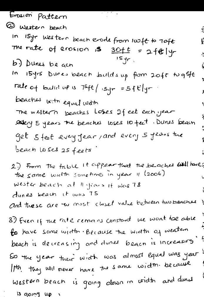 Two ocean beaches are being affected by erosion. The table shows the width, in feet-example-1