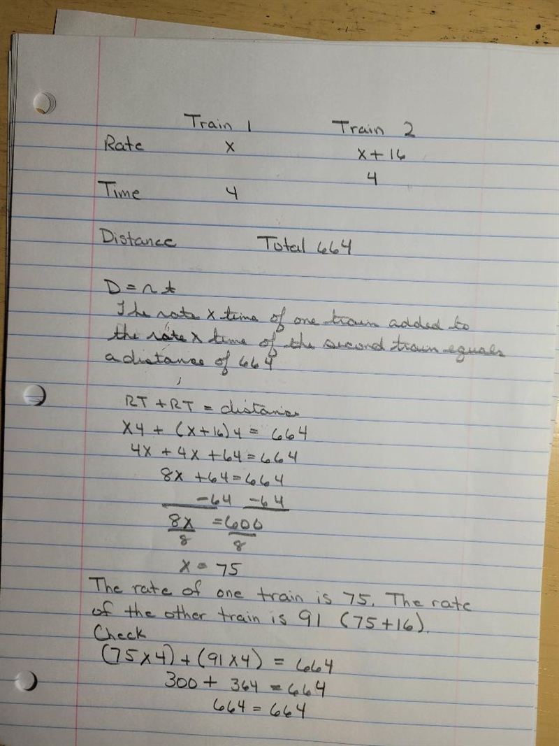 Two trains leave towns 664 miles apart at the same time and travel toward each other-example-1