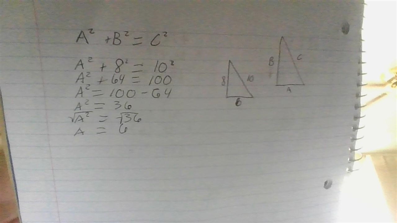 Using the Pythagorean theorem what is A? A=? b=8 c=10-example-1