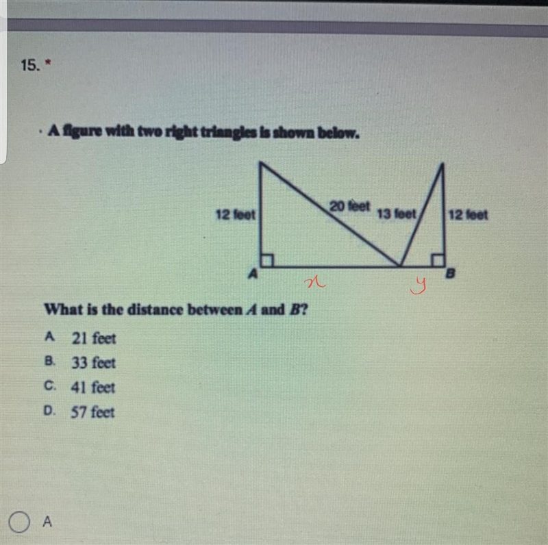 A figure with two right triangles is shown below. What is the distance between A and-example-1