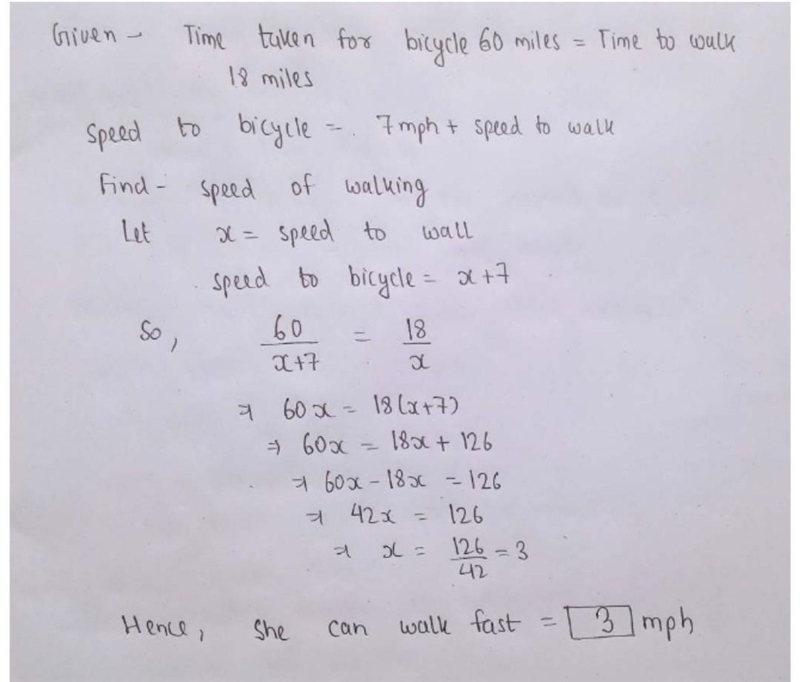 A woman can bicycle 60 miles in the same time as it takes her to walk 18 miles. She-example-1