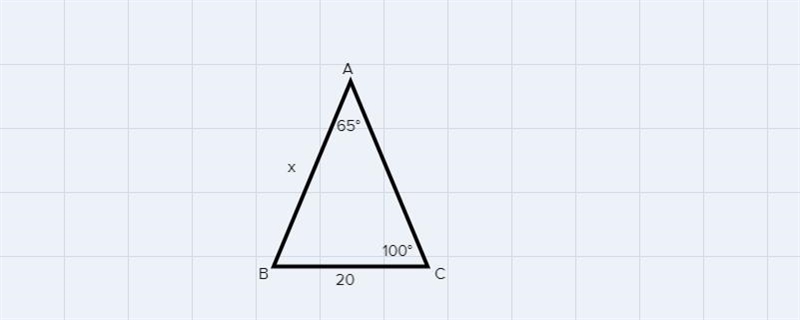 Given ∆ABC Angle A = 65°, C = 100° and side BC= 20. Find AB and round the answer the-example-1