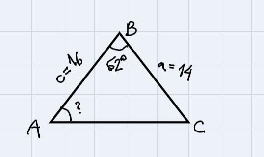 Given ΔABC with m∠B = 62°, a = 14, and c = 16, what is the measure of A?-example-1