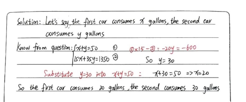 A family has two cars. The first car has a fuel efficiency of 35 miles per gallon-example-1