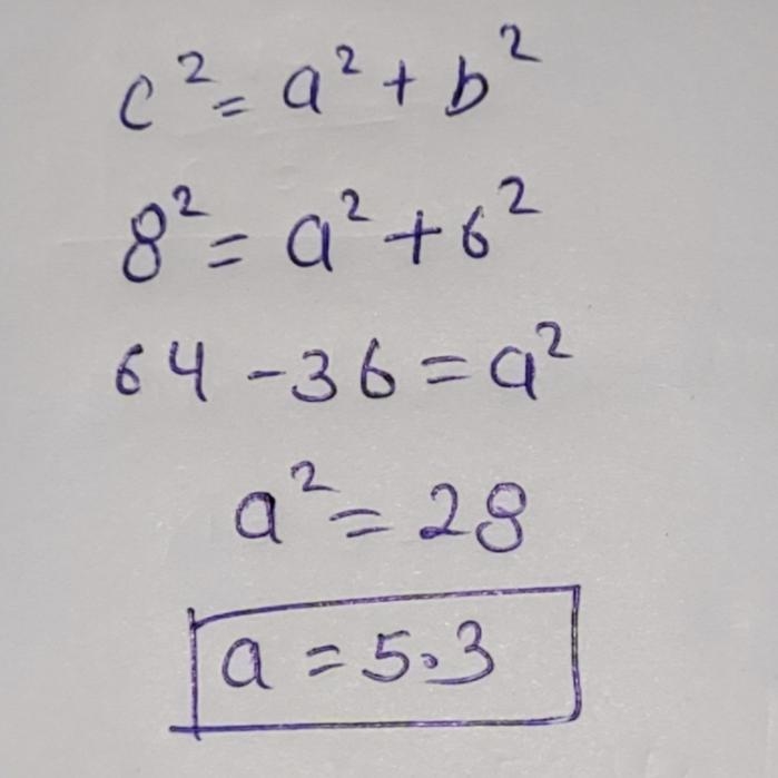 Find the length of a using the Pythagorean Theorem. B 8 a C A 6 Hint: a² + b² = c-example-1