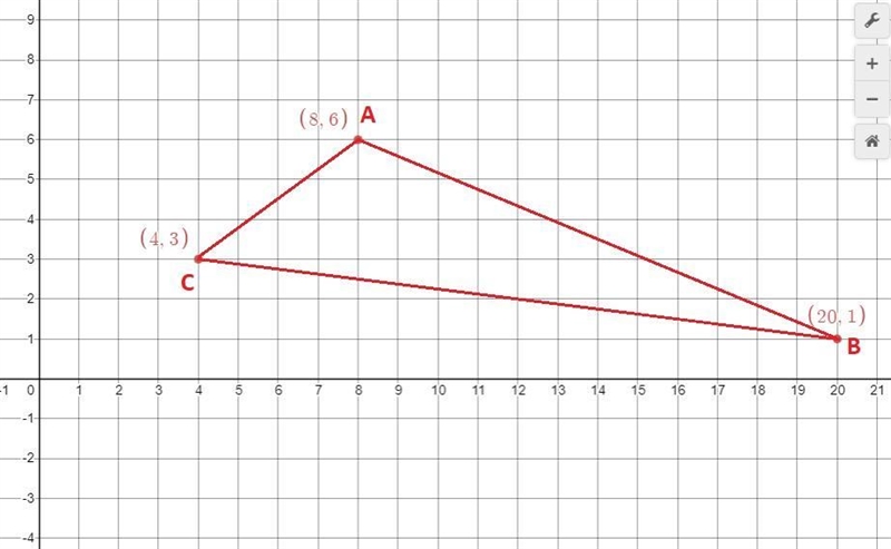 Find the area of a triangle with vertices A(8,6) B(20,1) and C (4,3)-example-1