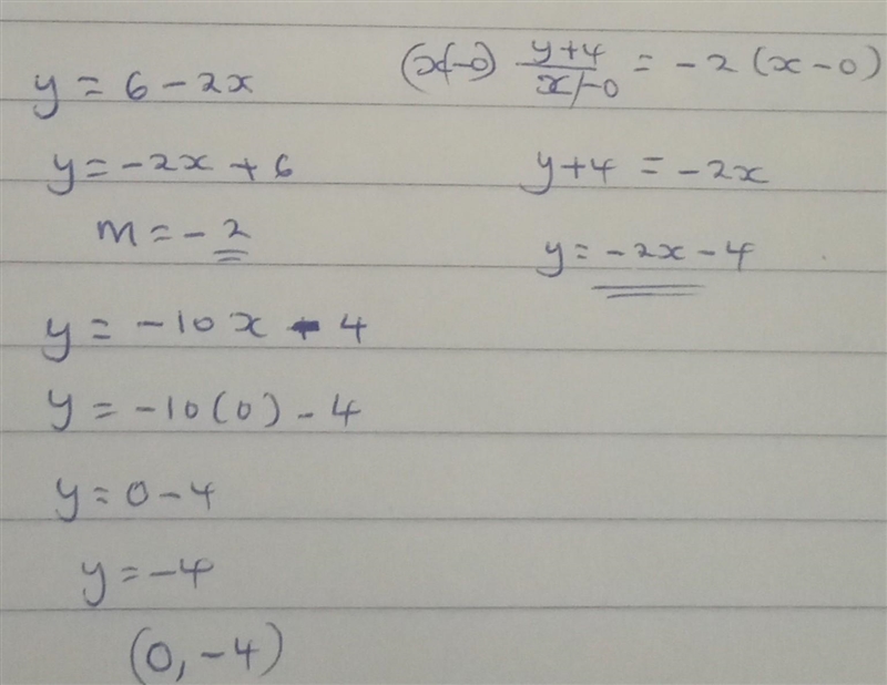 Find the equation of a line that has the same slope as y = 6 - 2x and the same y-intercept-example-1