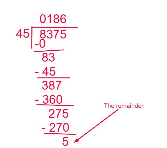 Divide. 8,375 ÷ 45 number and remainder-example-1