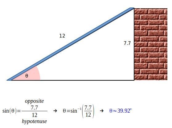 A 12 _ foot ladder is leaning against a house the ladder reaches 7.7 feet up the wall-example-1