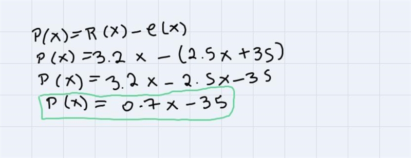 If C(x) = 2.5x + 35 is the cost function and R(x) = 3.2x is the revenue function, then-example-1