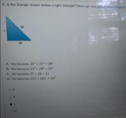 9. Is the triangle shown below a right triangle? How can you prove your answer? 35 1 28 A-example-1