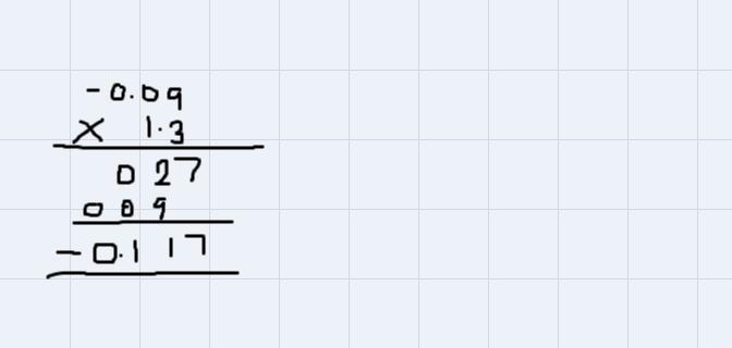 What is 0.3×(−0.3)×1.3= and can you show how you solved it.-example-1