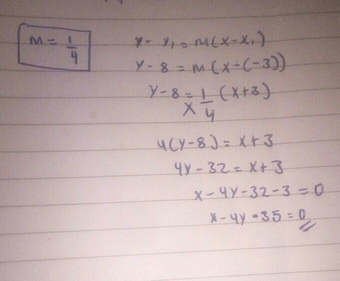 Through(–3, 8) and perpendicular to y=-1/4x-3-example-1