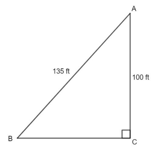 A radio tower is 100 feet tall. A guy wire runs 135 feet, from point A at the top-example-1