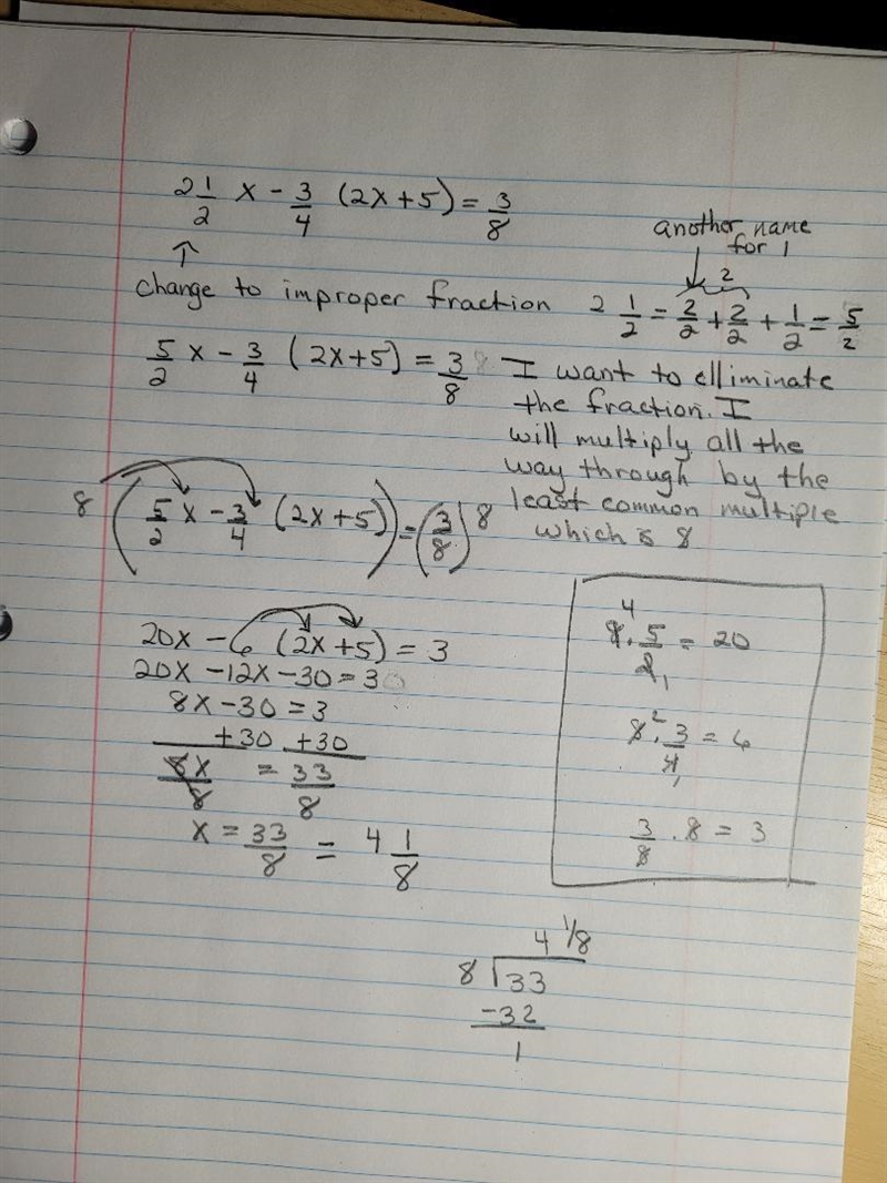 Solve for x 2 1/2x - 3/4 ( 2x + 5 ) = 3/8 Please explain step by step on how I get-example-1